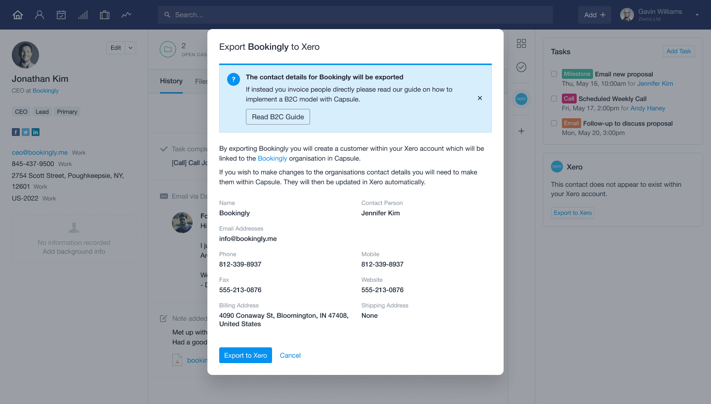 a modal with company details and button to export them to Xero