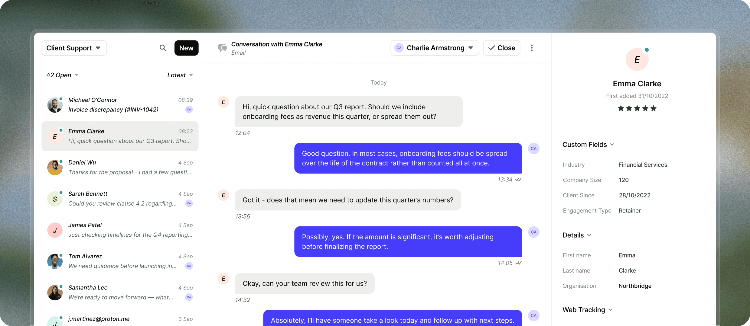 Support inbox showing customer messages and replies.