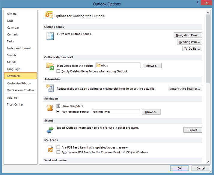 La configuración avanzada de Outlook con la opción “Exportar”