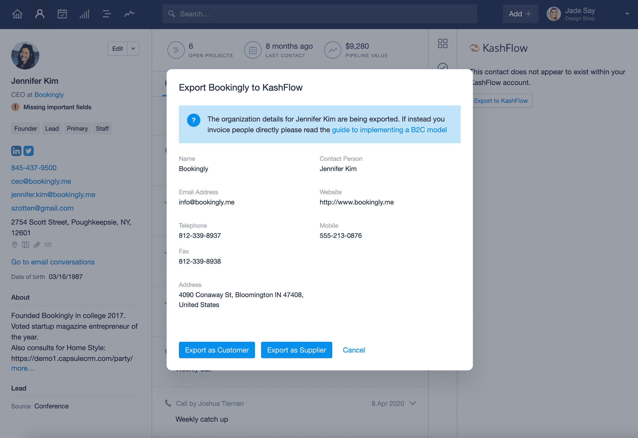 modal with company details and button to export them to Kashflow