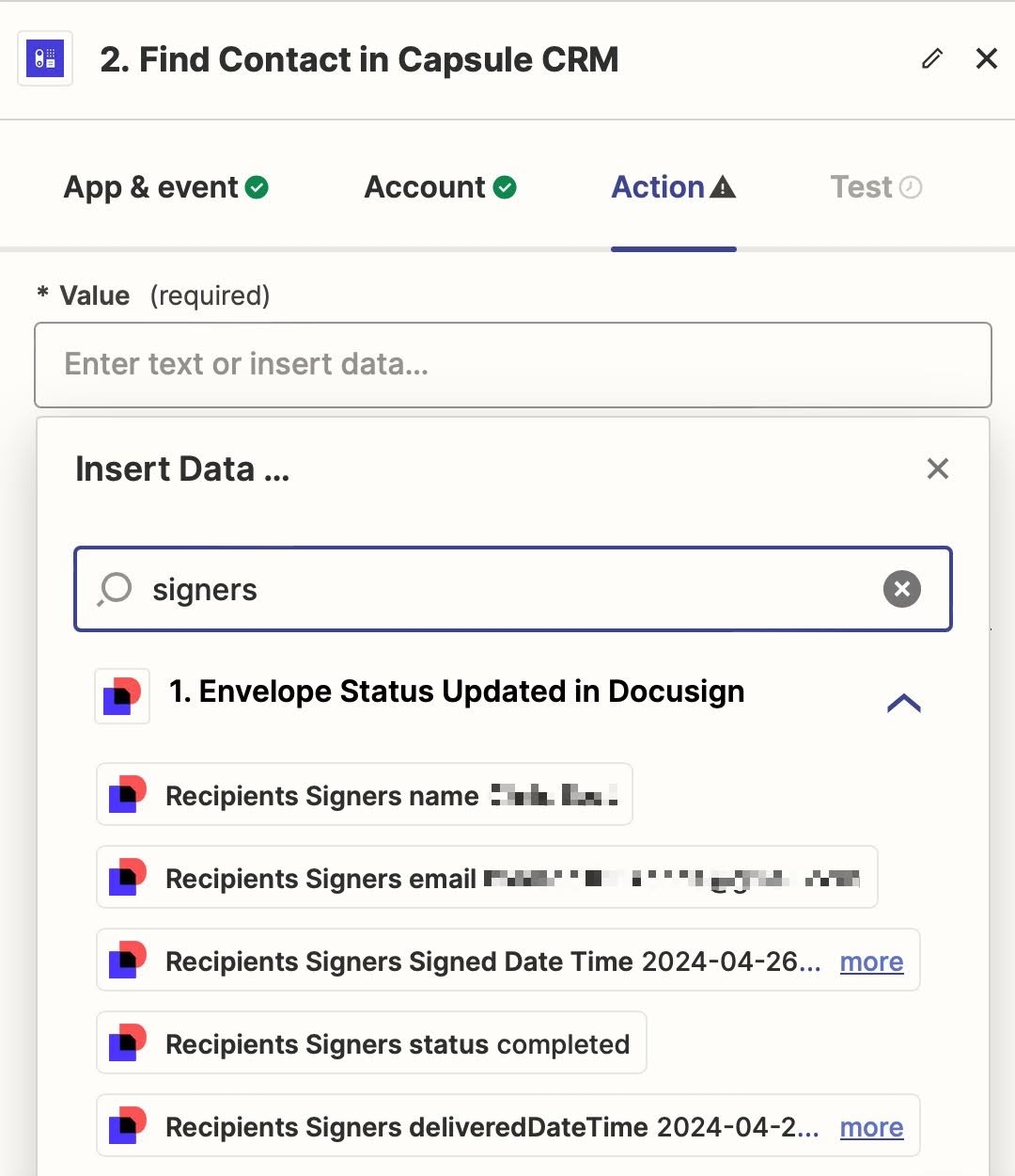 showing recipient signers email field search and select