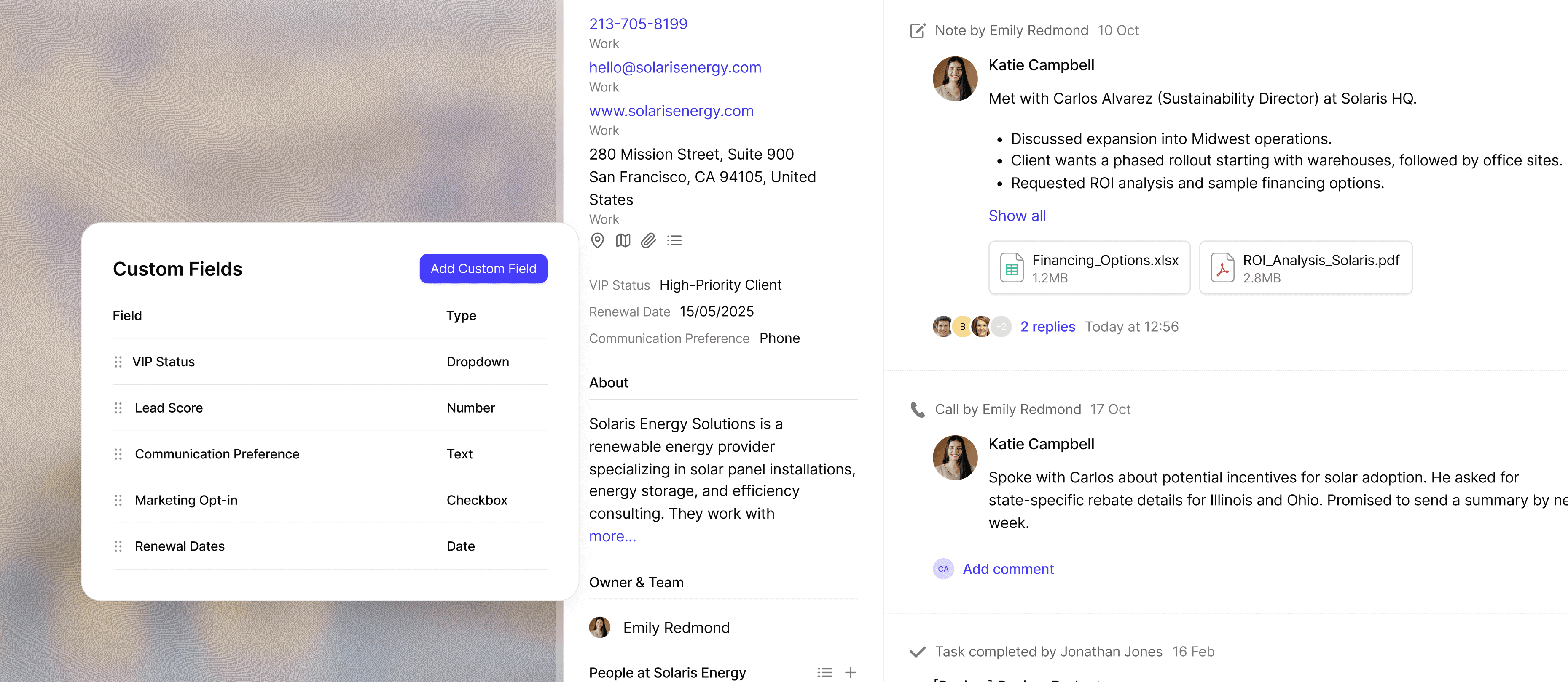 Registro de contato do Capsule CRM mostrando campos personalizados para capturar informações e detalhes do cliente