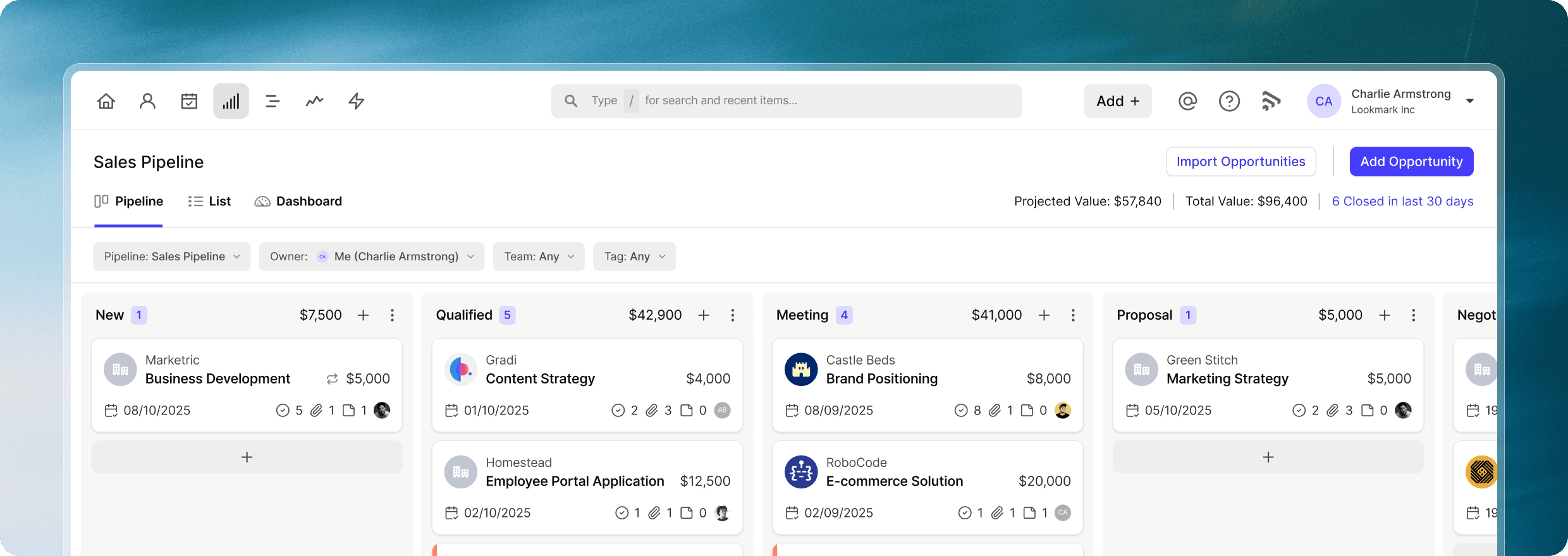 Screenshot of Capsule CRM sales pipeline kanban board view showing multiple columns representing different sales stages with deal cards that can be dragged and moved between stages, displaying opportunity names, values, and progress indicators