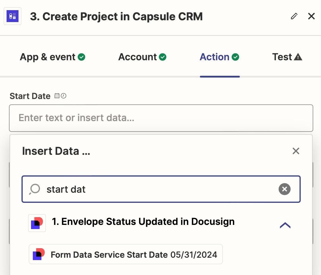 showing example start date field search and select