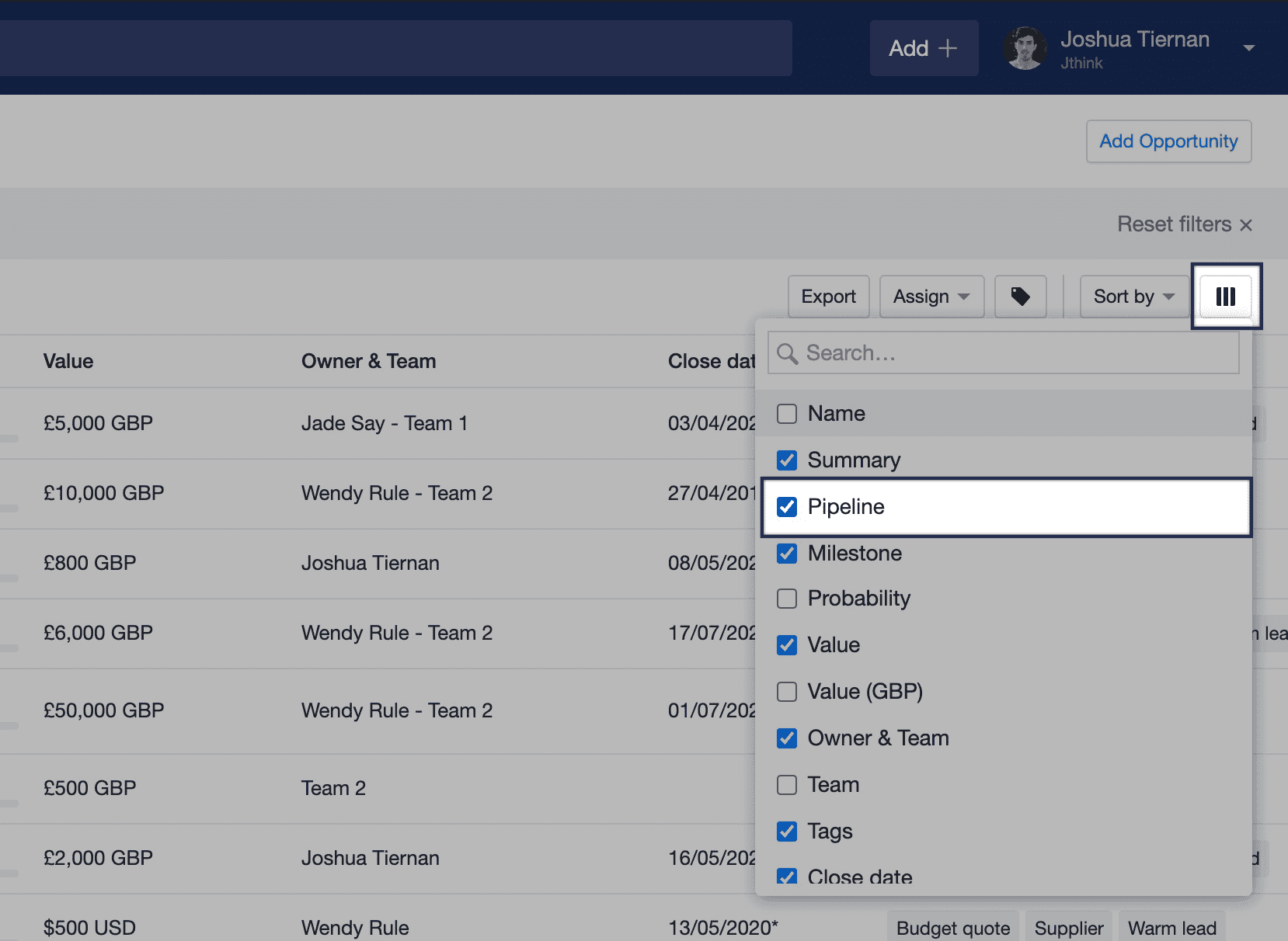 Adding a pipeline column to the Sales Pipeline list view