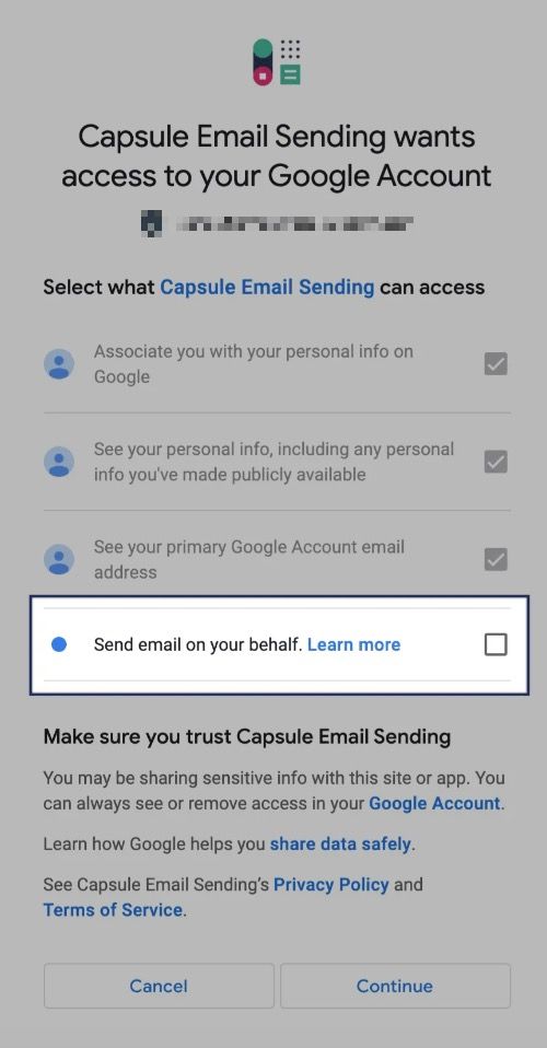 Allow Capsule to send on your behalf checkbox