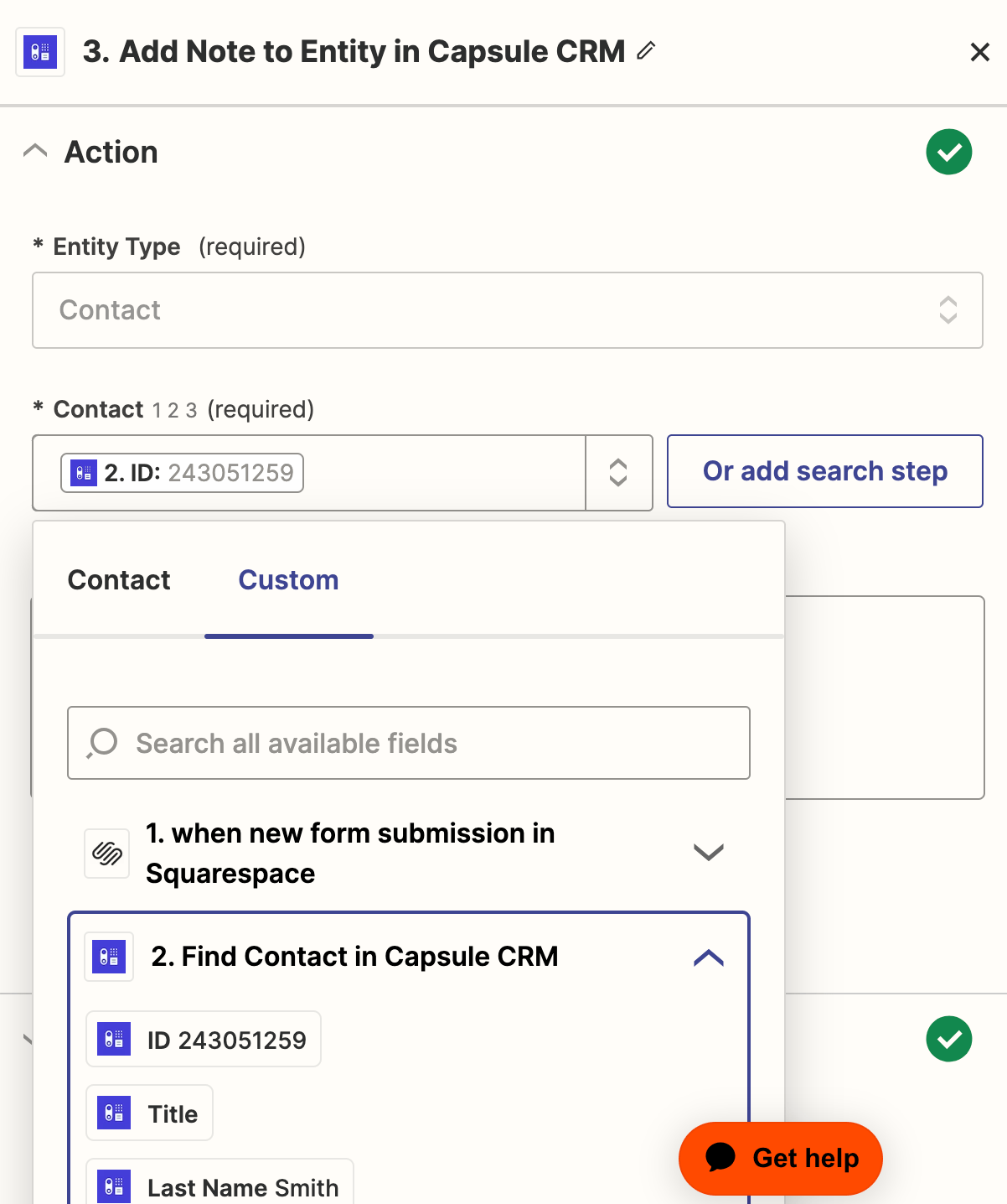 Capture d'écran montrant comment choisir l'ID du contact dans Capsule pour mapper la note.