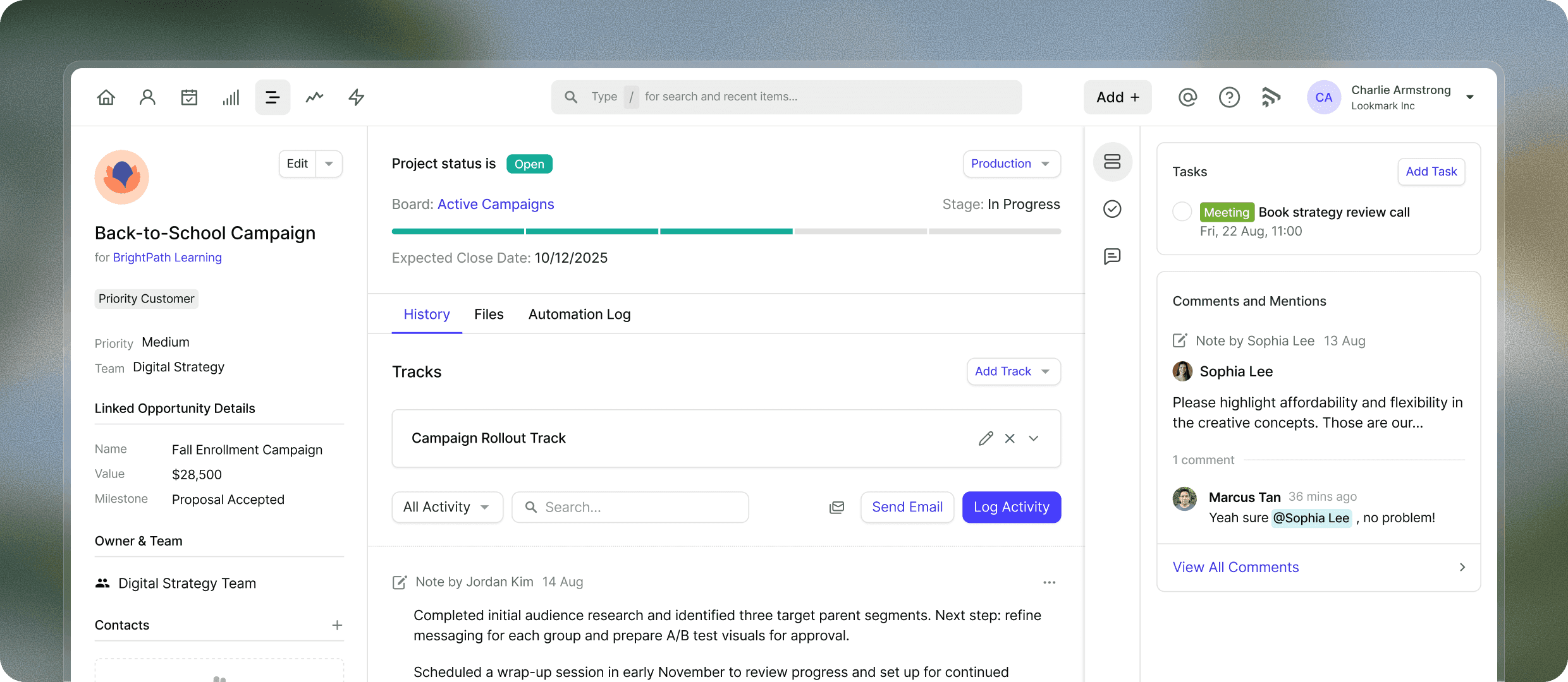 Project overview showing tasks and project progress.