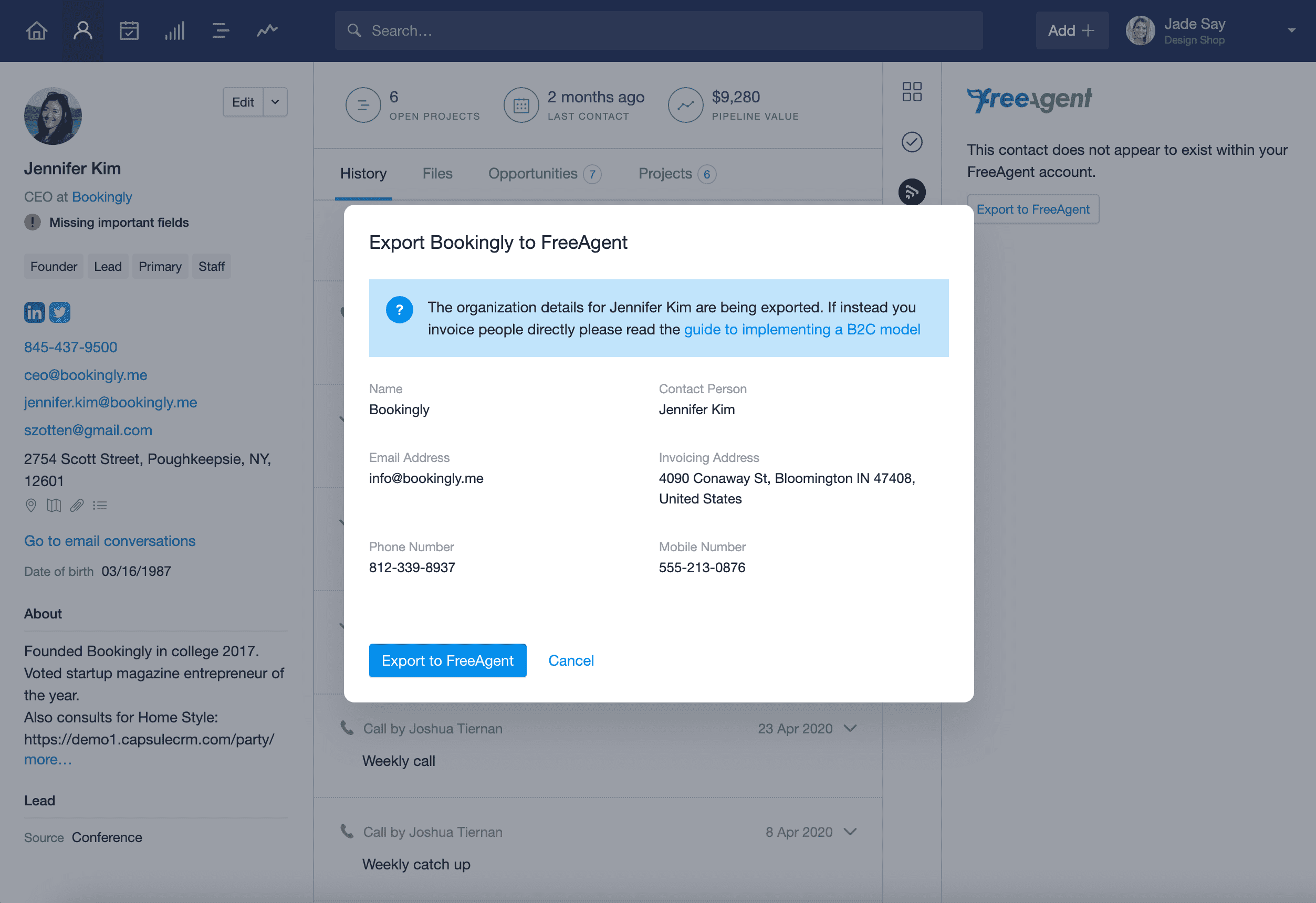 modal with company details and button to export them to FreeAgent