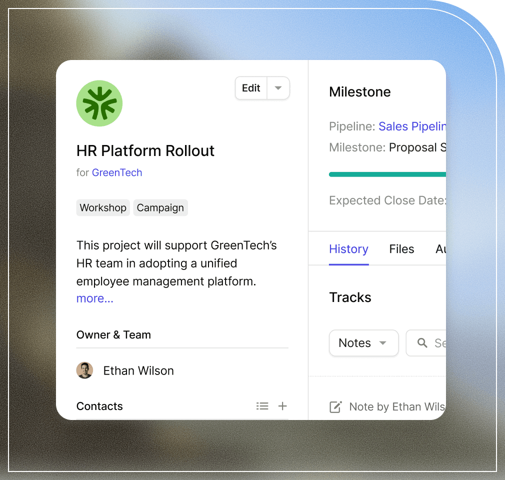 Gerencie os detalhes de contato de seus leads e clientes em um layout limpo e claro com o CRM gratuito do Capsule