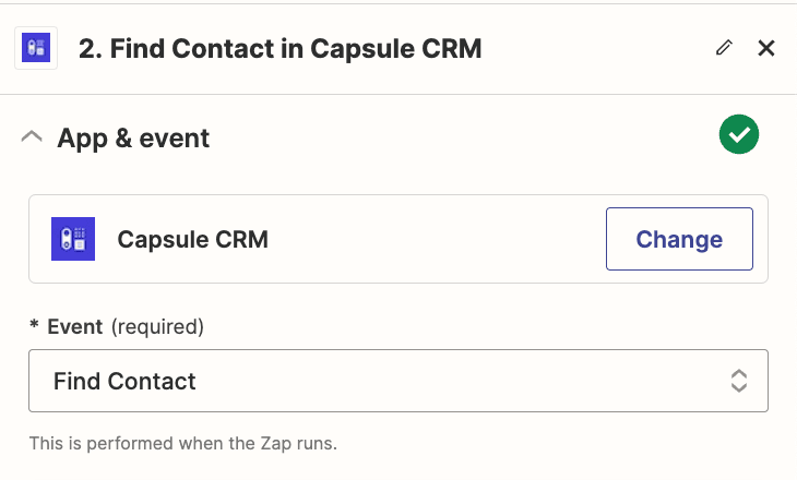 Screenshot showing the Zapier step for the Capsule Zap, to find a contact in Capsule