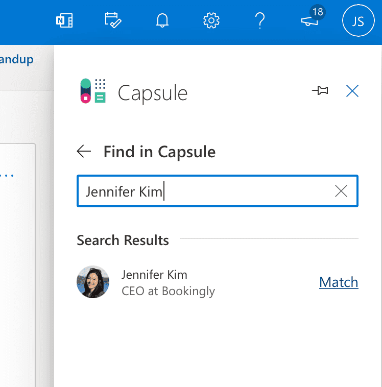 Complemento de Capsule para Outlook mostrando la opción de buscar un contacto en Capsule antes de guardar un correo electrónico en él.