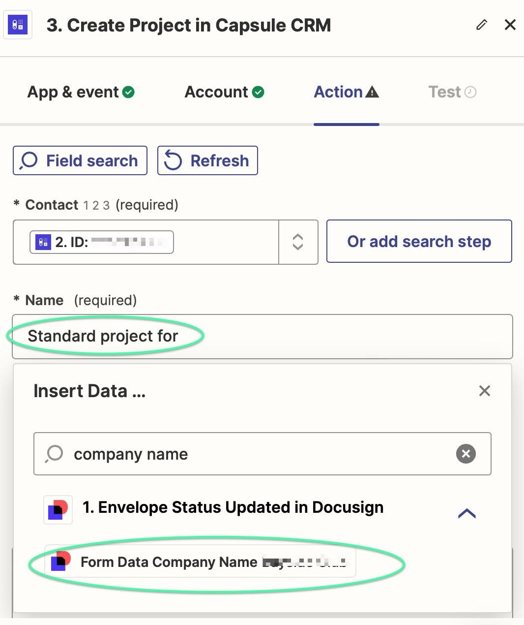 showing example project name field