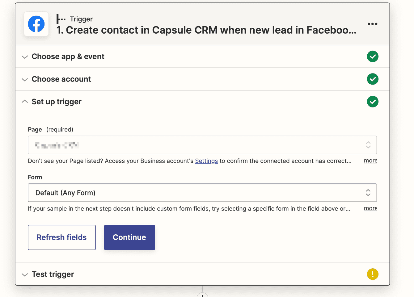 How to select a page and form when setting up the Facebook to Capsule
Zap