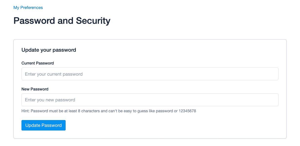 password update form in my preferences