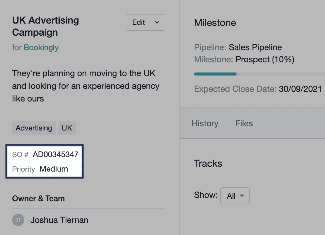 Example of a custom field in opportunity set to medium priority