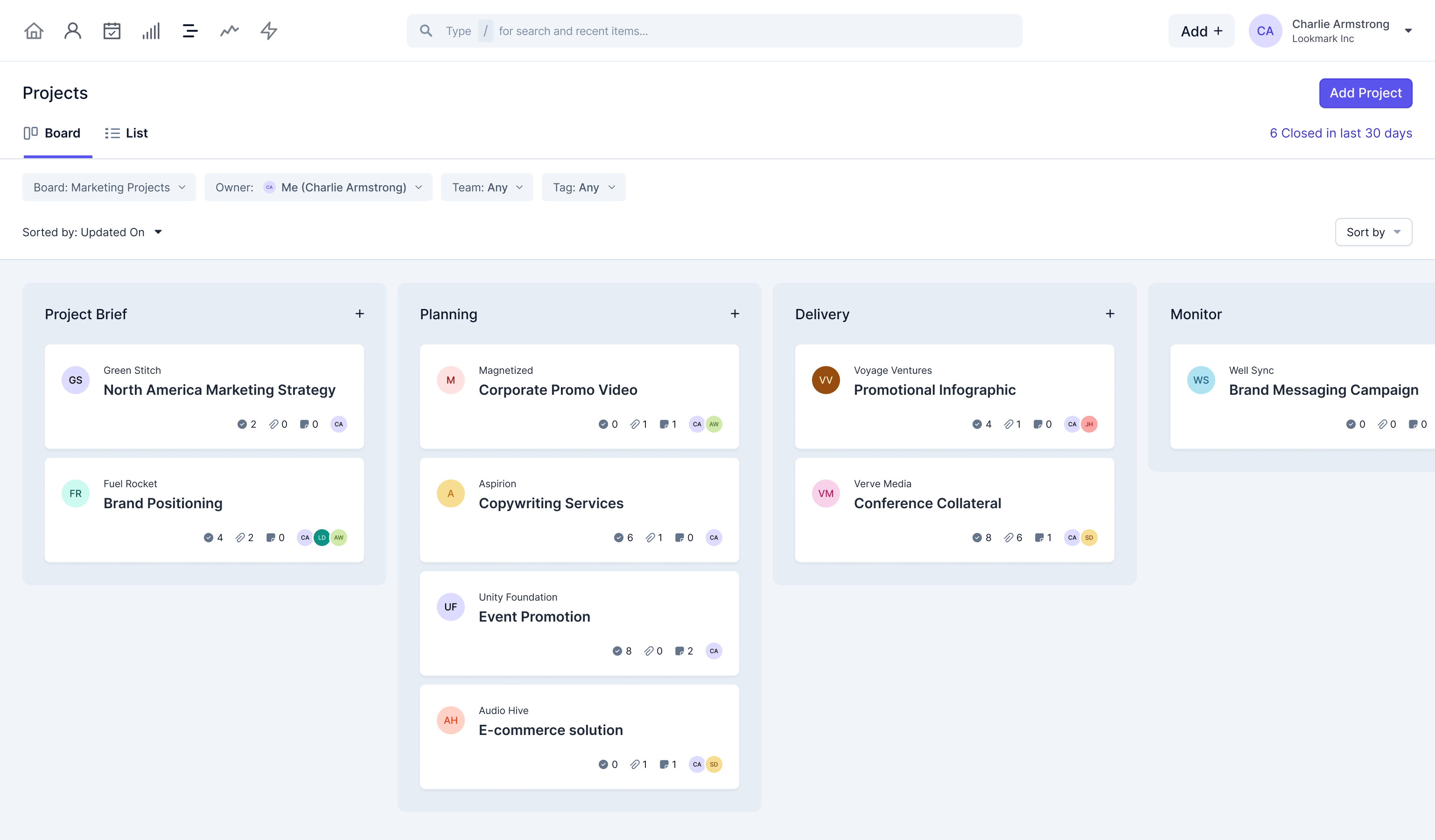 Product screenshot showing current projects in a kanban view