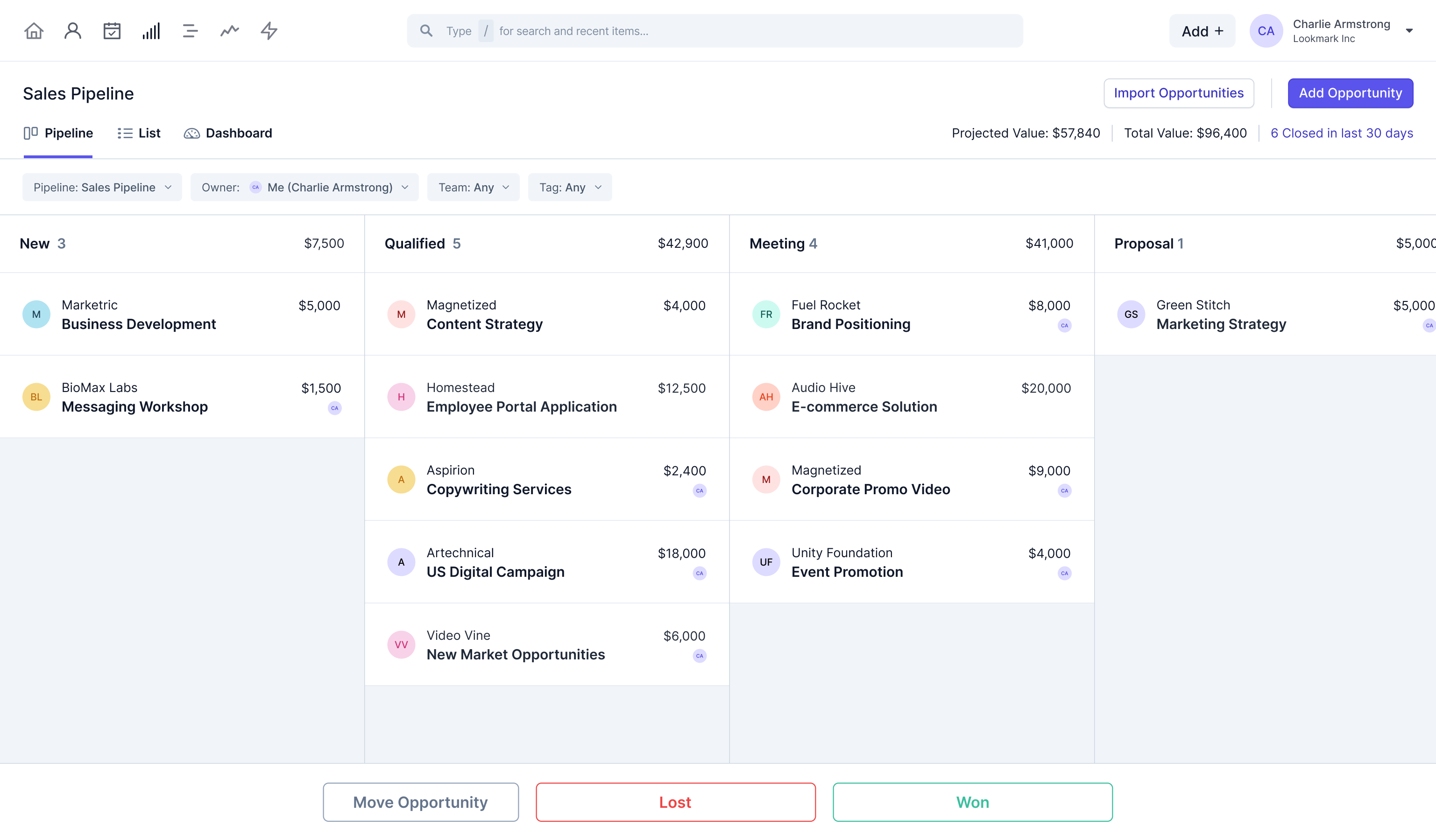 Product screenshot showing current sales opportunities in a pipeline view