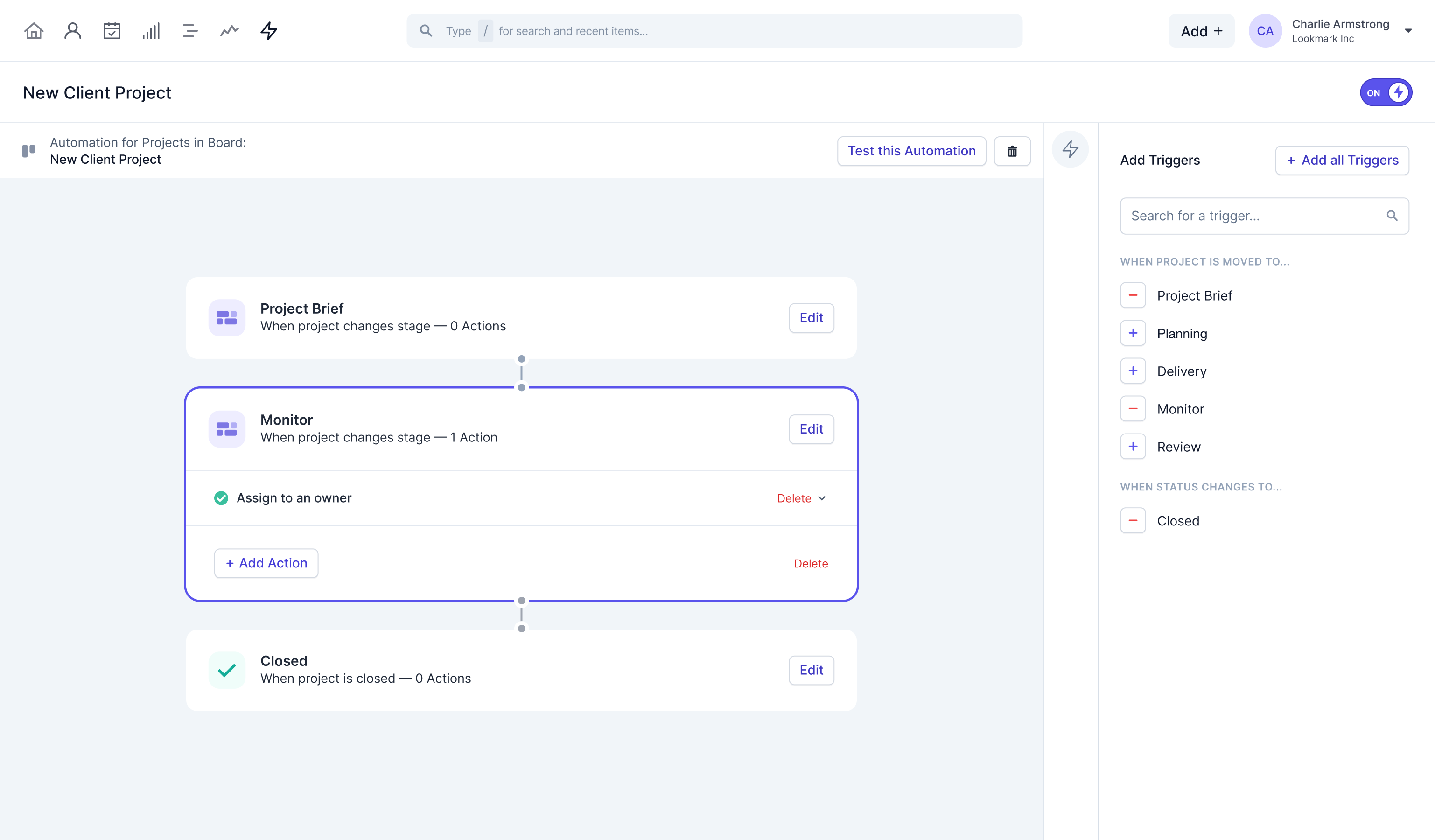 Product screenshot showing how to setup a new project automation as part of Capsule’s workflow automation features